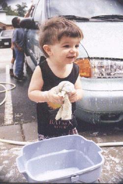 Mikey helps was the van