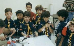 All the guys from Alex's pack wait with Robert - Pinewood Derby 1997